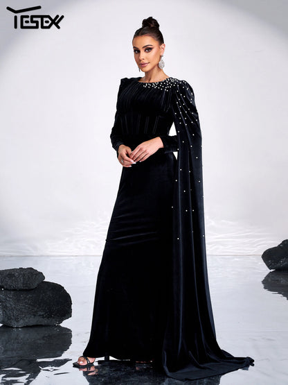 Robe de soirée en velours, strass, col rond - Molinse
