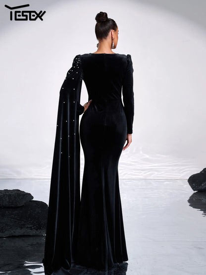 Robe de soirée en velours, strass, col rond - Molinse
